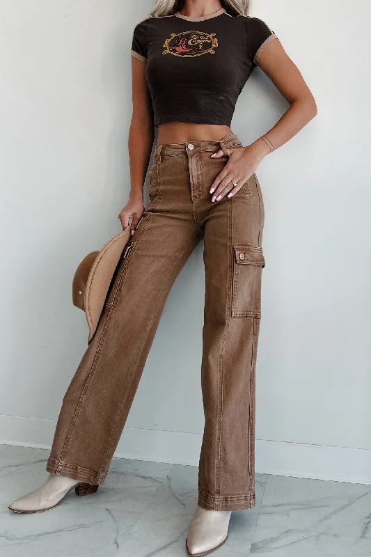 Holiday Special Offers Laith High Rise Wide Leg Risen Cargo Jeans (Cocoa)