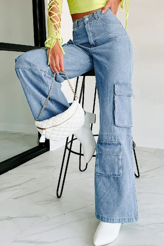 Sophisticated Fashion Smooth Talker Wide Leg Cargo Jeans (Blue Denim)