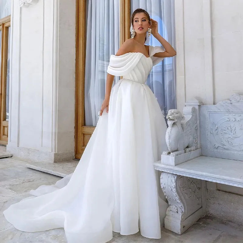 Limited Time Offer Elegant Off The Shoulder Organza Wedding Dresses Short Sleeves Boho Princess Bridal Gowns A-Line Simple Beach Vestidos Novia