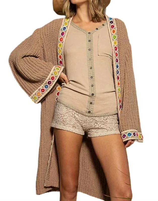 Clothing Woman Chenille Cardigan With Trim In Mocha