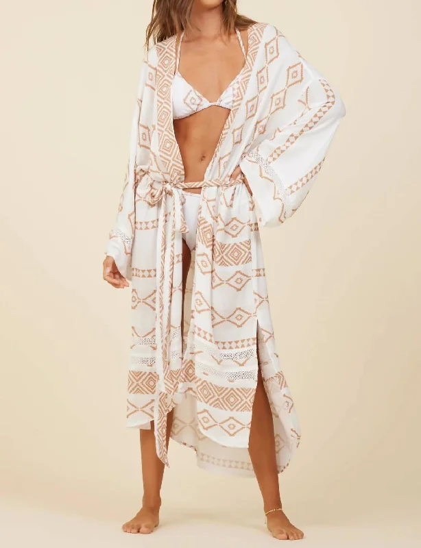 New Season Fashion Preview Tribal Print Rayon Crepe Kimono In Caramel Island