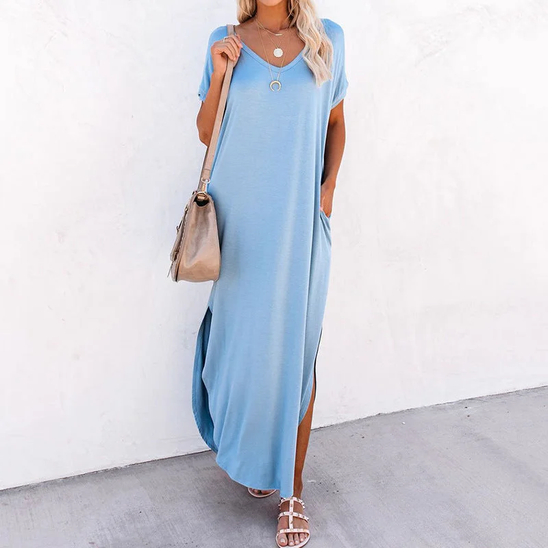 Relaxed Fit Women's Fashion Farmers Market Pocketed Modal Maxi Dress - Blue