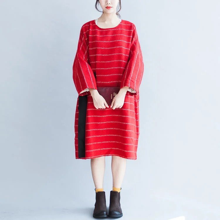 Innovate Your Wardrobe autumn plus size red striped cotton dresses tie waist long sleeve woolen casual dress