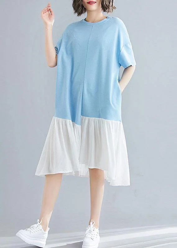 High End Fashion Organic blue o neck cotton quilting clothes asymmetric patchwork Maxi summer Dress