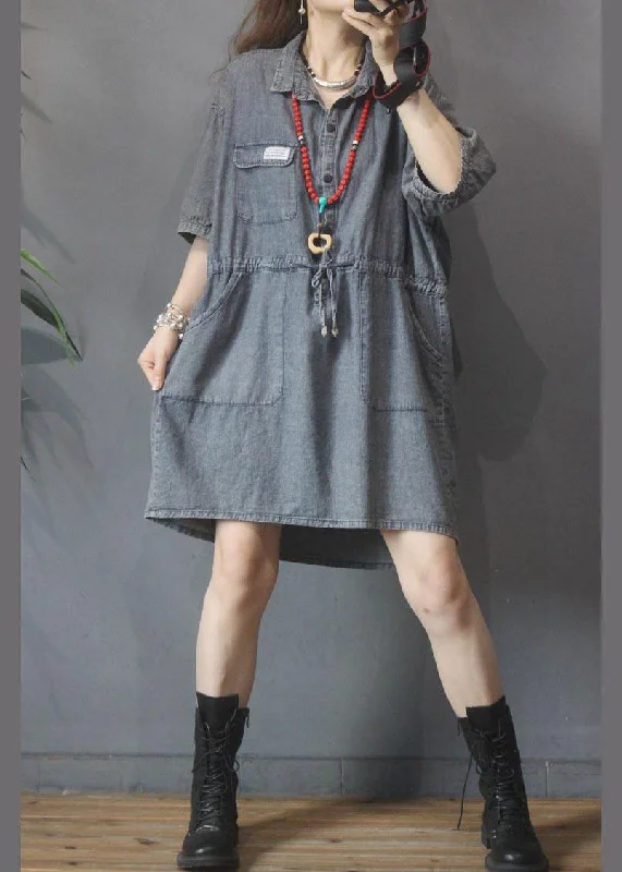 Clothing Sales Elegant Denim tie waist Turn-down Collar Maxi Summer Cotton Dress