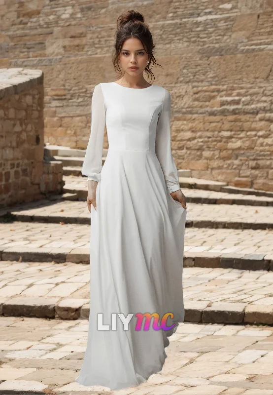 Wardrobe Upgrade Bateau Long Sleeves Pleated Sleek A-Line Wedding Dress