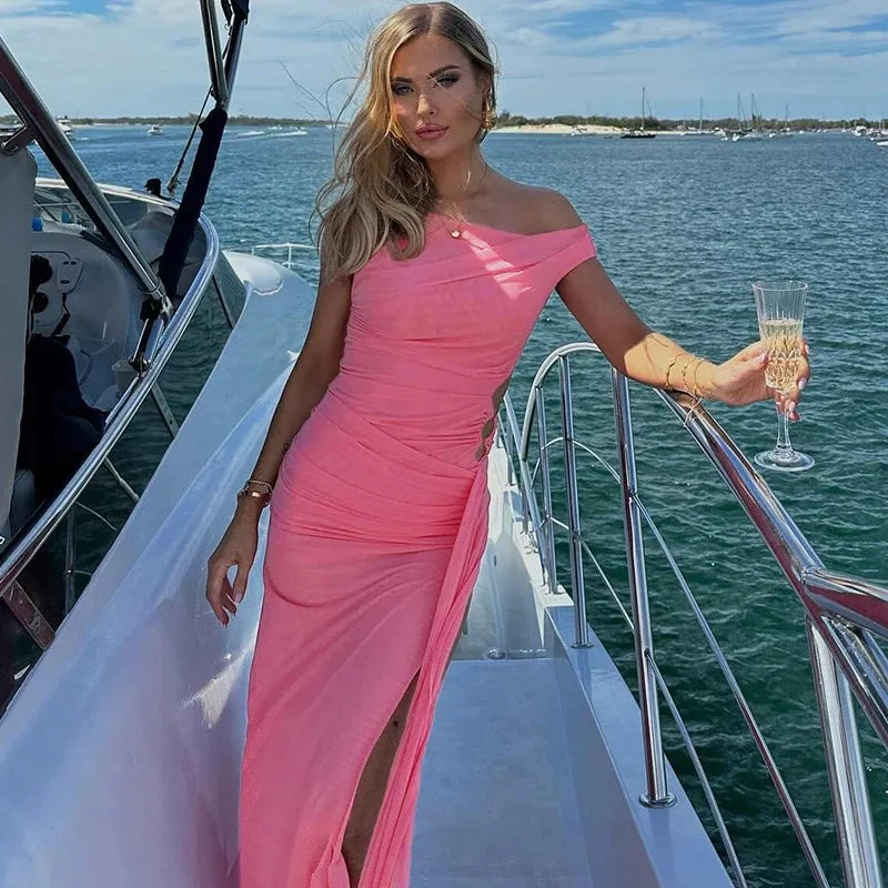 Limited Stock, Big Sale Pink Hollow Out Summer Sexy Inclined Shoulder Asymmetrical Sleeveless Elegant Slit Party Maxi Dress