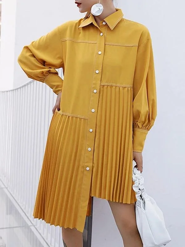 Business Casual Outfits Women lapel asymmetric Cotton clothes Outfits yellow Dresses