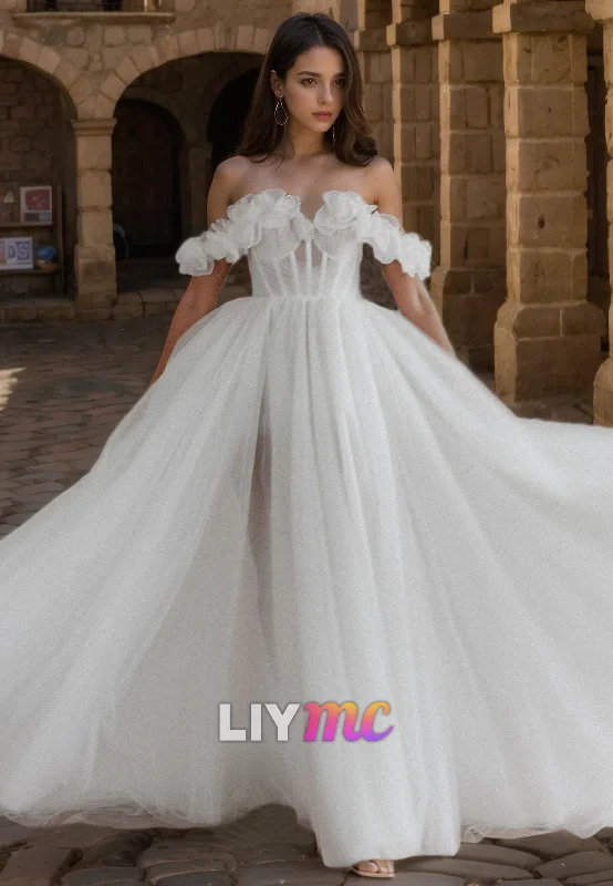 Hot Picks Off-Shoulder Strapless Floral Embellished Pleated A-Line Wedding Dress