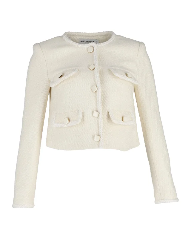 Women's Clothing Boutique Self-Portrait Boucle Cropped Jacket in Cream Wool Blend