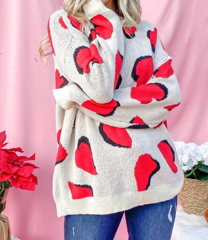 Elevate Your Wardrobe Heart Pattern Knit Sweater Top In Red