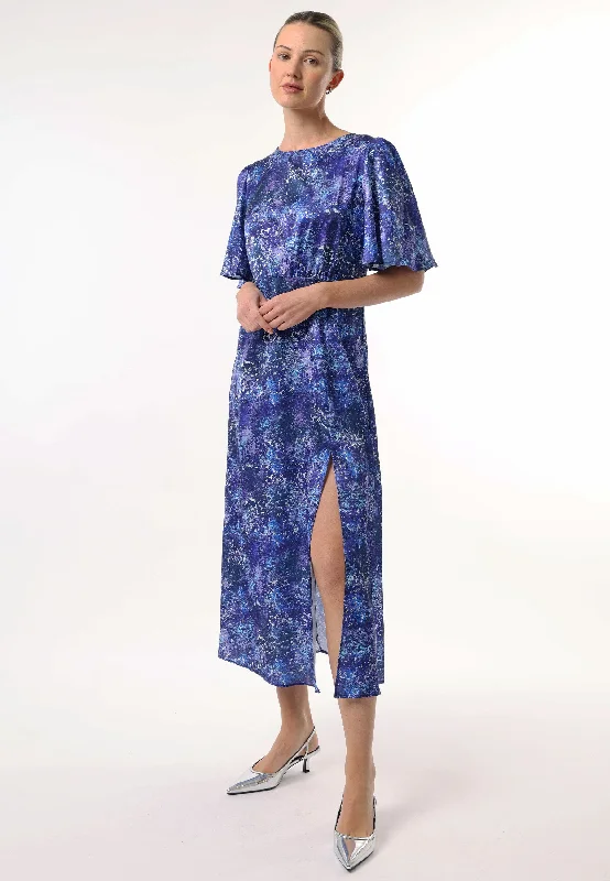 Gorgeous Glamour Collection Angel Sleeves Midi Dress with Side Slit in Blue Multi Print