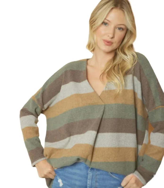 Chic Style Vneck Front Placket Striped Sweater In Multi