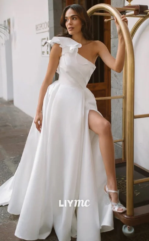 Chic & Cozy Apparel LW771 - Asymmetrical Sleeveless Floral Embellished Lace-Up Satin A-Line Wedding Dress