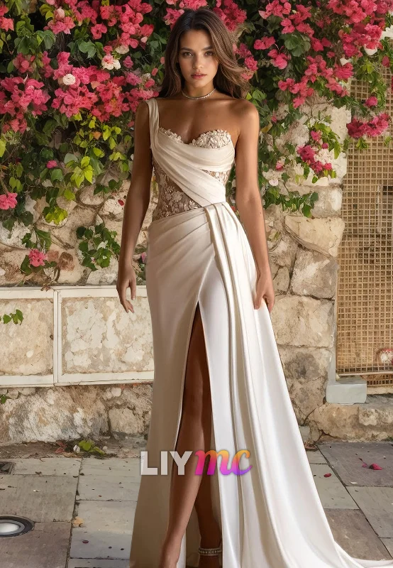 Relaxed Style LW730 - Asymmetrical Floral Appliques Pleated High Slit Wedding Dress