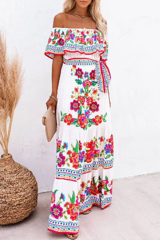 Online Boutique Stores Fashion Vintage Print Patchwork Off the Shoulder A Line Dresses