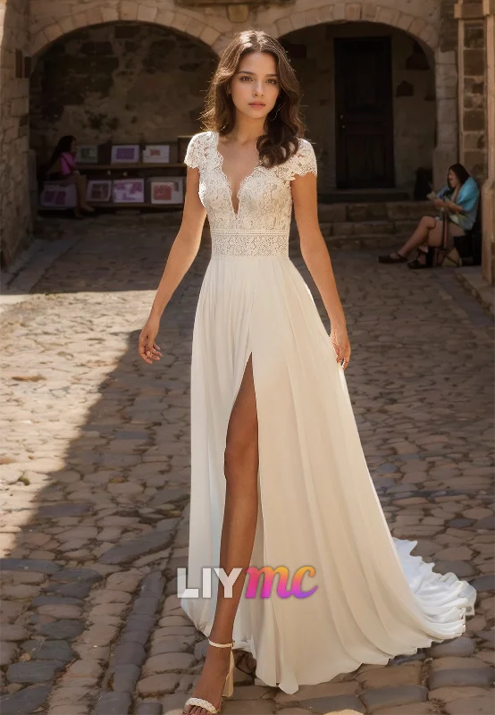 Vibrant Femme Fashion V-Neck Cap Sleeves Lace Appliques Pleated A-Line Wedding Dress