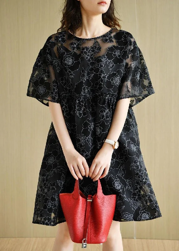 Exclusive Discount Fashion Black O-Neck Patchwork Floral Summer Half Sleeve Dress