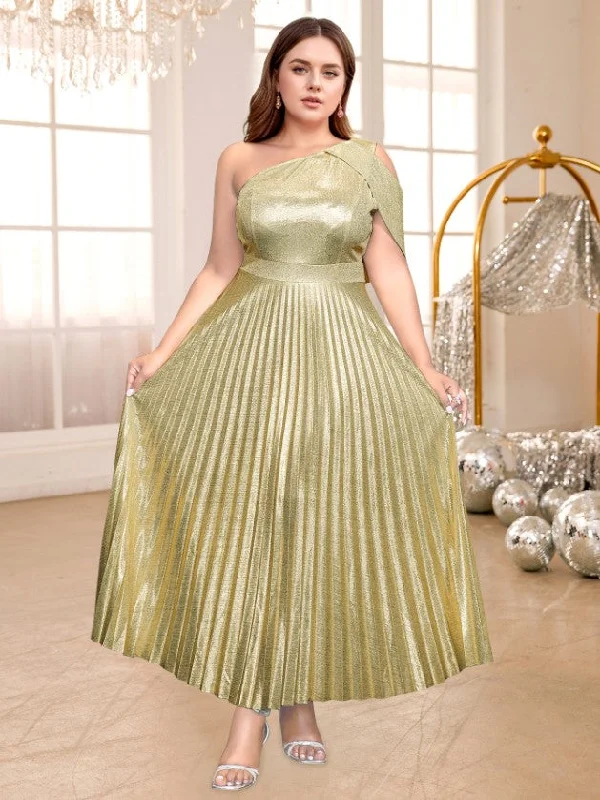 Seasonal Fashion AOMEIDRESS Gold Shiny Pleated Dress One Shoulder Diagonal Collar