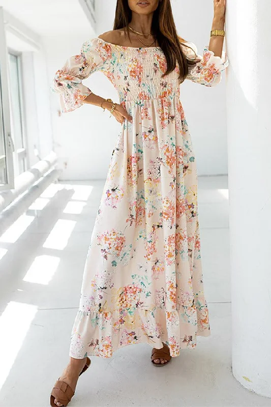 Clothes For Woman Elegant Floral Flounce Fold Off the Shoulder A Line Dresses(3 Colors)