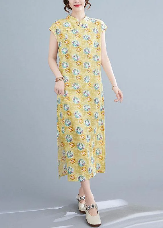 Clothes Of Woman Fashion Yellow Print Cotton Dress Oriental Summer Vacation Dresses