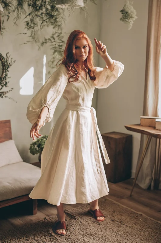 Clearance Event Linen Wrap Dress with Puff Sleeves