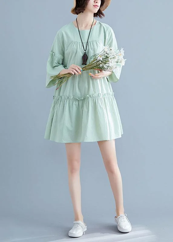 Latest Fashion Light Green O-Neck Ruffles Summer Cotton Vacation Dresses