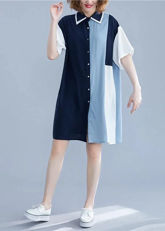 Graceful Fashion Chic blue Cotton clothes patchwork summer shirt Dress