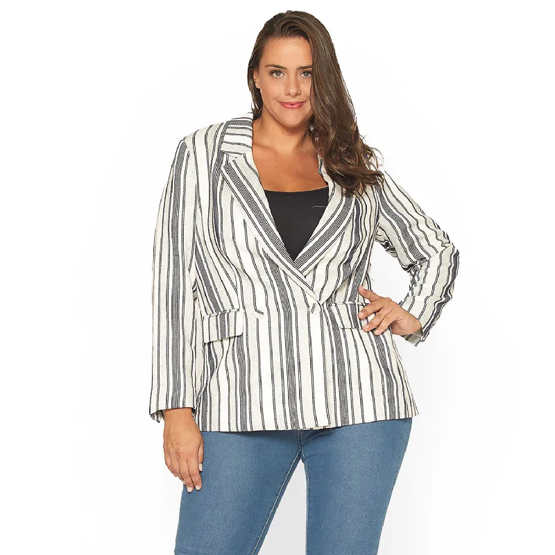 Feminine Dresses for Women in Bold Prints Plus Size Stripe Blazer in Blue White