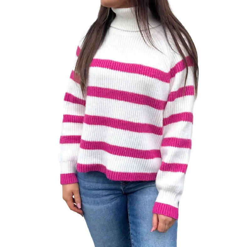 Trendy Boutique Online Turtle Neck Contrast Striped Sweater In White/pink