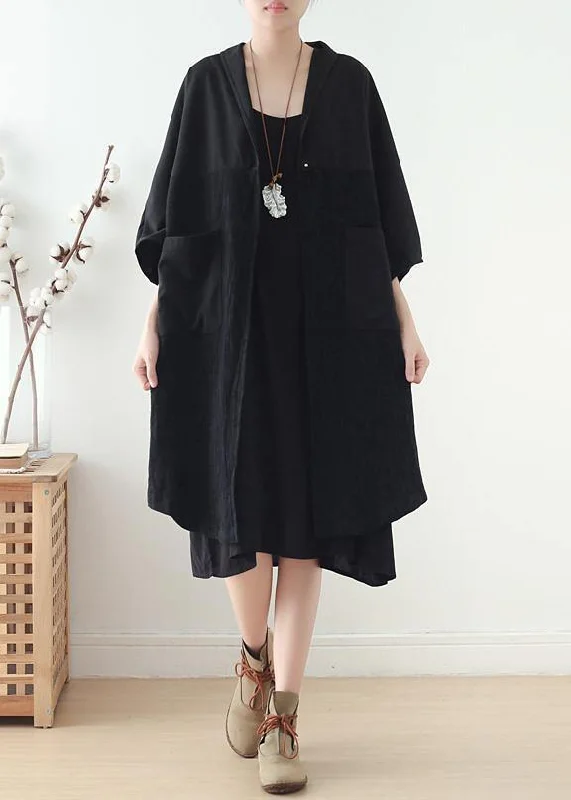 Casual Fashion for Women Loose v neck patchwork linen clothes Photography black Dress fall