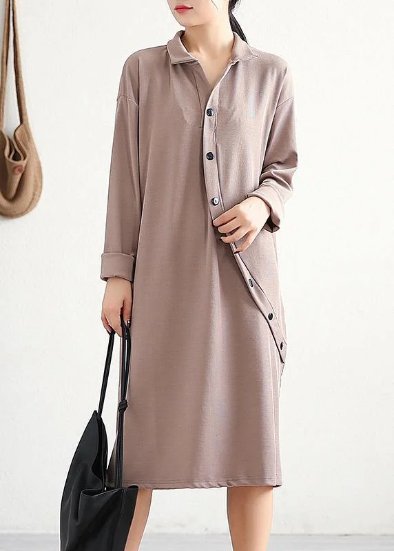 Relaxed Style Elegant lapel asymmetric Cotton Wardrobes Sleeve khaki Dress