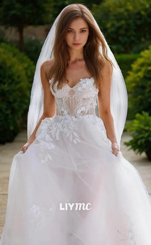 Casual Fashion LW641 - A-Line Sweetheart Sweep Train Tulle Wedding Dresses With Appliques Lace