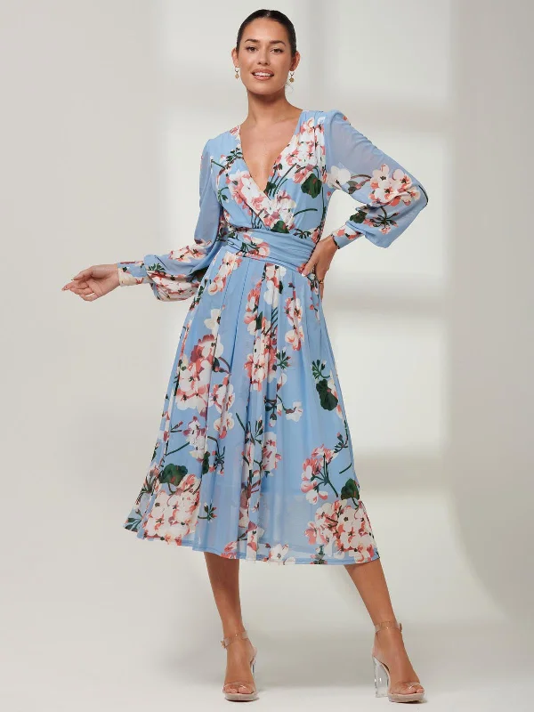 Comfort Centric Apparel Jolie Moi Jasmine Long Sleeve Mesh Dress, Blue Floral