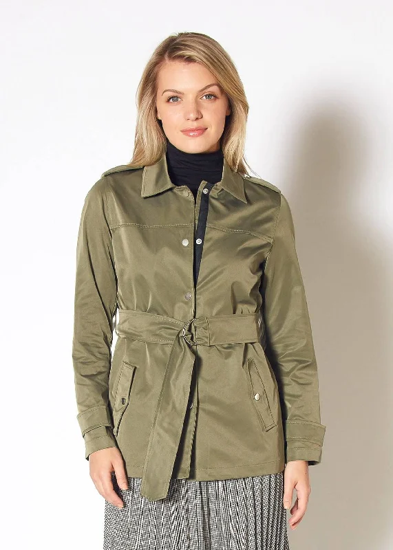 Workwear Fashion for Women Women's Olive Windbreaker Belted Collar Jacket in Olive