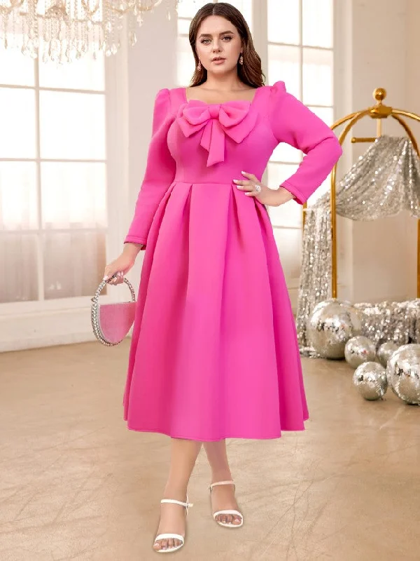 Cutting Edge Fashion AOMEIDRESS Pink A Line Dress Square Collar Long Sleeve Lovely Bowtie