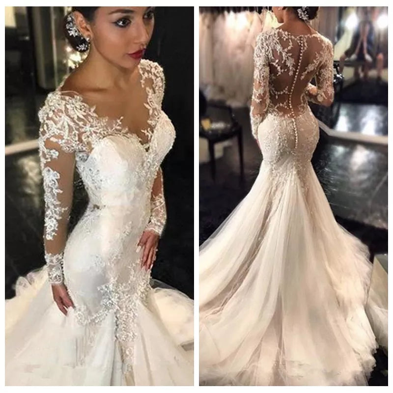 Fashionable Dresses for Women Lace Mermaid Wedding White Dresses Dubai African Arabic See Through Wedding Dress Long Sleeves Slim Fishtail Bridal Gowns 2024