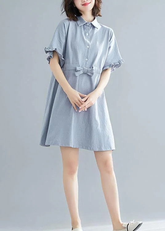 Fashion Women's Clothing Boho Light Blue Peter Pan Collar Ruffled Mini Summer Cotton Dress