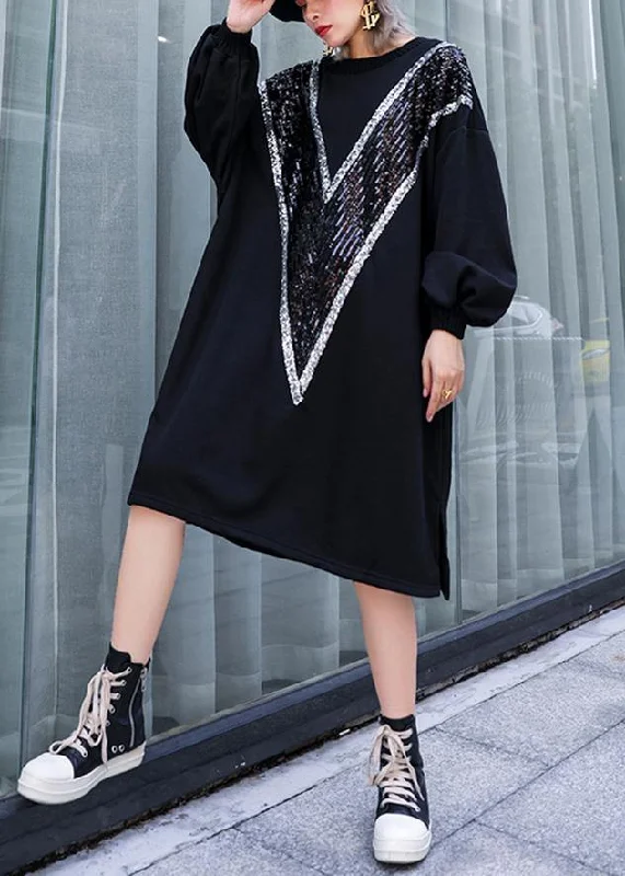 Flash Sales Today Loose black Cotton clothes Women o neck Sequined Dresses