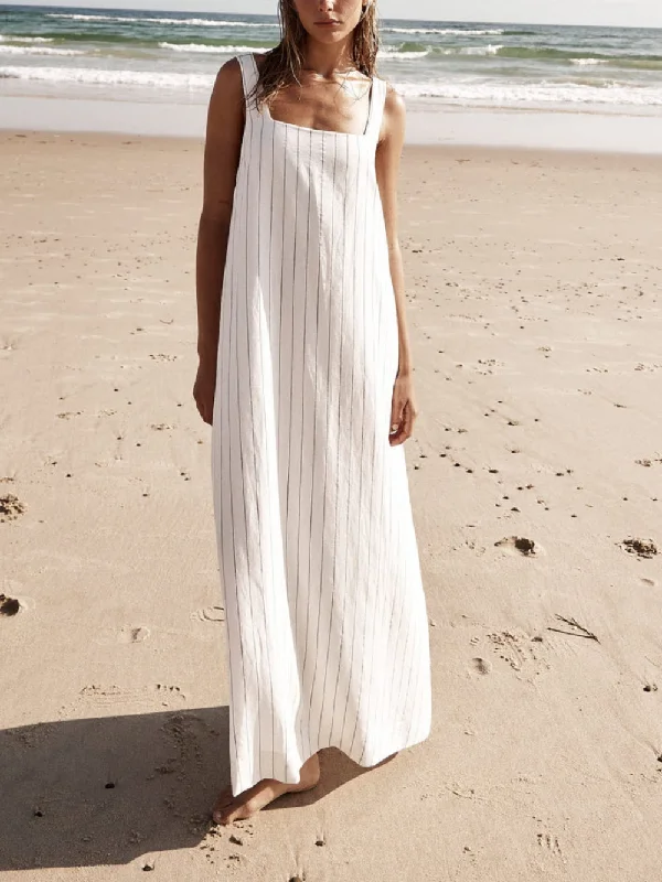 Luxury Fashion White With Charcoal Charming Pinstripe Maxi Dress