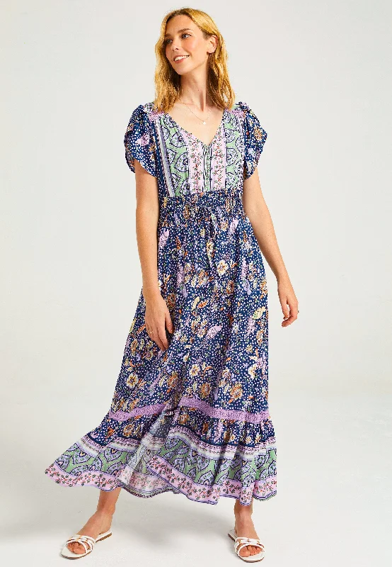 Outlet Clothing Floral Summer Maxi Dress with Elasticated Waist in Navy