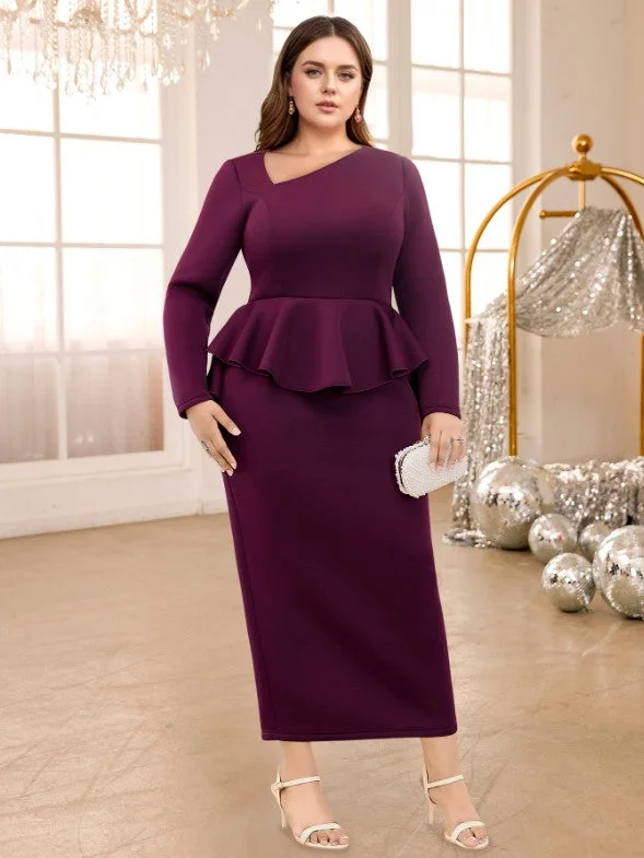 Fashion Forward AOMEIDRESS Purple maxi Dress Asymmetrical Neck Long Sleeve Peplum