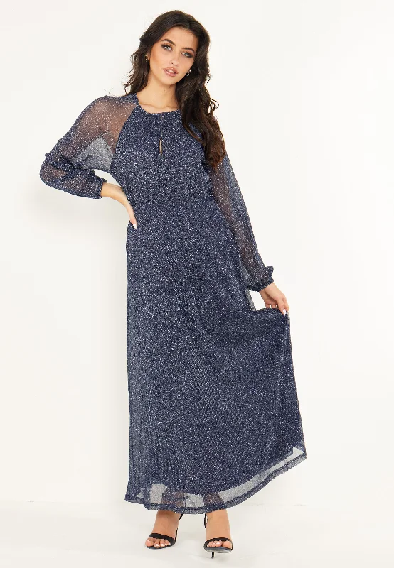 Eclectic Fashion Long Sleeve Chiffon Maxi Dress Gold Lurex Flecking in Blue