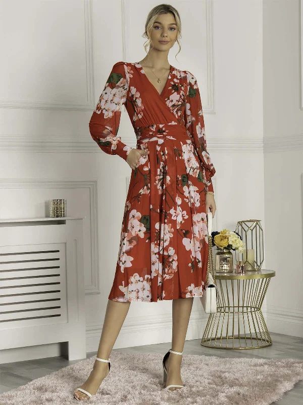 Embrace New Fashion Eileen Long Sleeve Mesh Dress, Red Floral