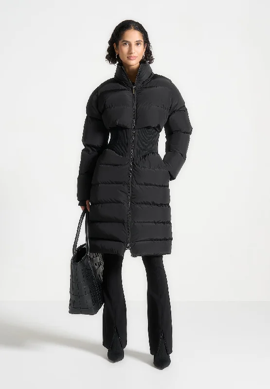 Trendsetter's Closet Corset Detail Longline Puffer Coat - Black