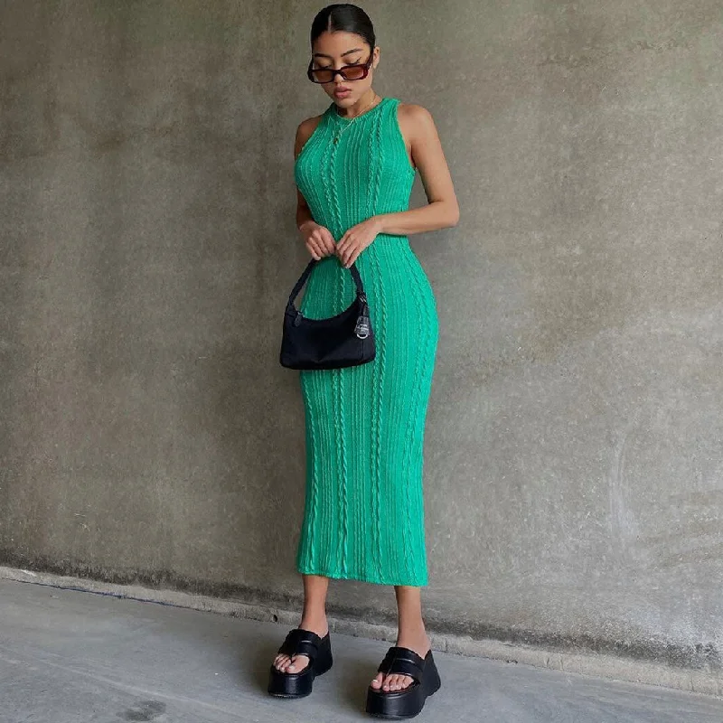 Sporty Streetwear Trendy Sleeveless Round Neck Cable Knit Midi Dress - Green