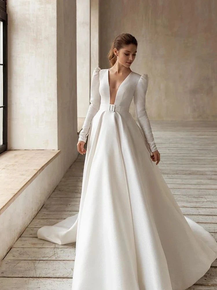 Trendy And Individual Women's Fashion Classic Elegant Wedding Dresses A-Line Satin Bridal Gowns V-Neck Long Sleeves Robes For Formal Party Vestidos De Novia