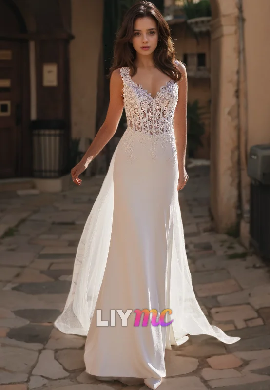 Unleash Your Fashion V-Neck Straps Appliques Sleek Mermaid Beach Wedding Dress