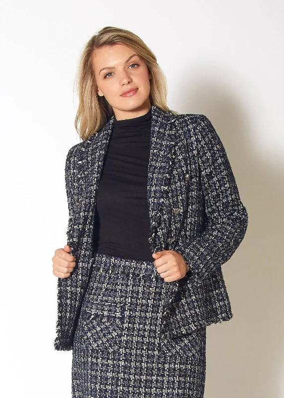 Women's Street Style Casual Wear Women's Tweed Fringe Hem Blazer Jacket in Navy Tweed