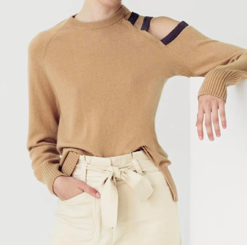 Trend Setting Wardrobe Open Shoulder Embellished Sweater In Camel